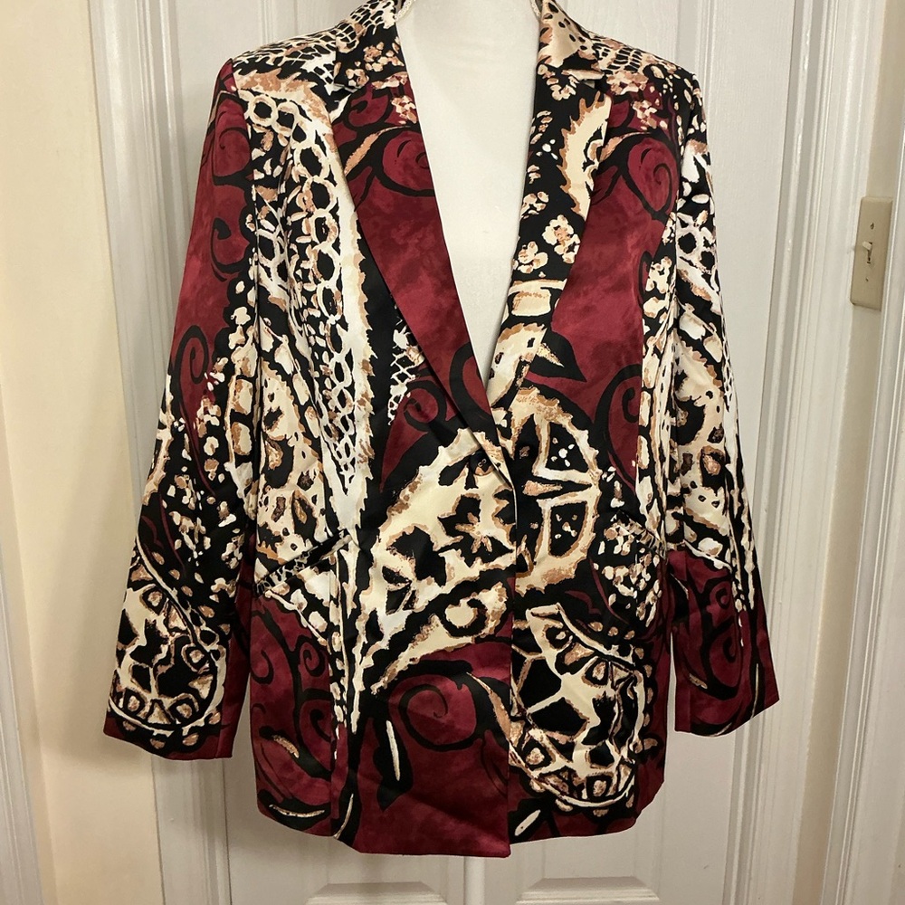 Chicos Animal Print Blazer Womens Large Burgundy Black Open Front Jacket